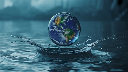 Fragile Earth Globe Emerging from a Dramatic Water Splash Crown: Concept of Global Climate Change, Water Conservation, and Environmental Sustainability in Deep Blue Tones.