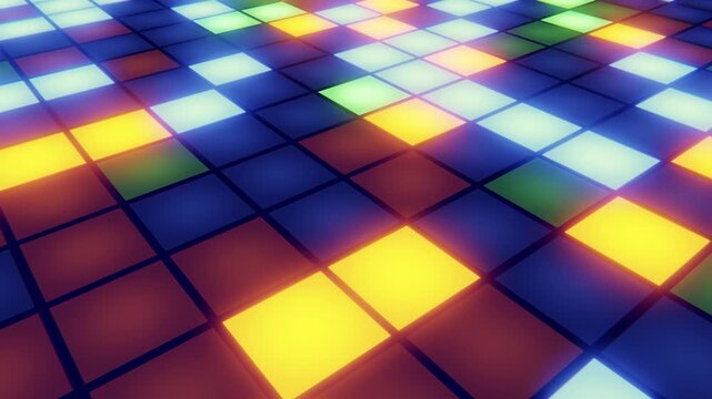 Colorful glowing squares on a dance floor create a vibrant and energetic background. Seamless loop.