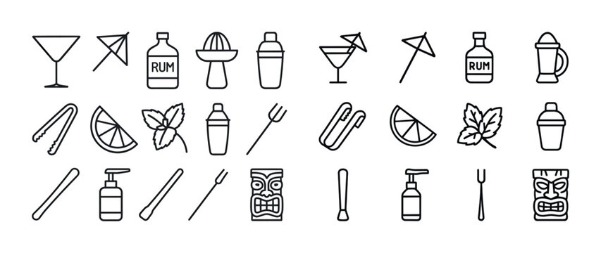 Cocktail icons: glasses, shakers, rum bottles, citrus slices, um
