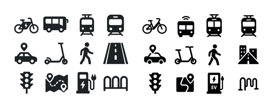 Transportation icons set: road, rail, bicycle, car, scooter, map