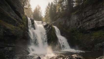 Obraz premium Majestic Waterfall Cascading Through Lush Green Forest with Sunlight.