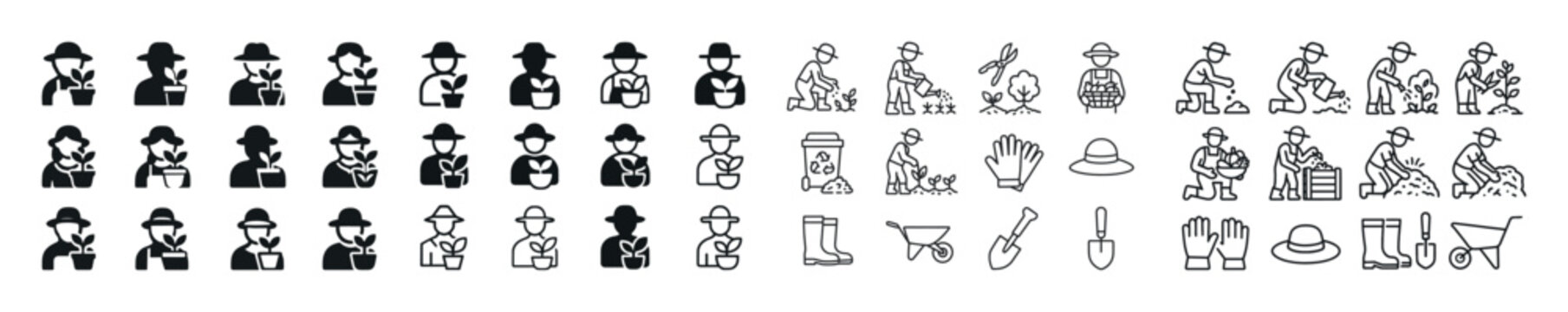 Diverse farm icon set: farmers, tools, agriculture activities
