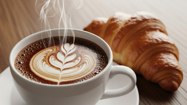 Steaming latte art coffee with fresh buttery croissant - Powered by Adobe
