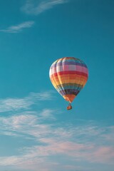 Fototapeta premium Isolated hot air balloon drifting in a vast blue sky with soft morning light