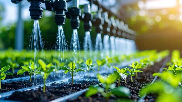 Automated Greenhouse Irrigation System Watering Young Plants, Close Up