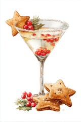 Watercolor Christmas Martini with Cranberries and Star Shaped Cookies