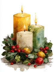 Watercolor Christmas candles with festive wreath and berries