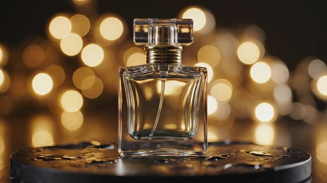 Abstract soft focus bokeh of golden glowing lights dynamically pulsating behind a static sleek glass flacon illuminated on an elegant dark presentation surface abstract, commercial, bokeh