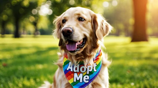 Golden Retriever Dog Wearing an Adopt Me Bandana Sits in Park
