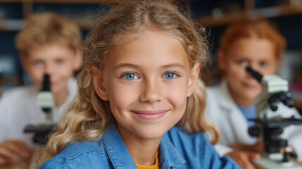 Smiling young girl in a science lab with other children using a microscope