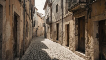 Obraz premium Narrow Cobblestone Alleyway Lined with Old Buildings.