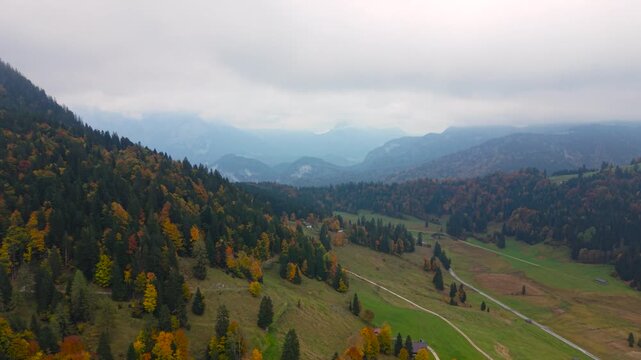 Alpine hillsides of Heutal, Austria, covered in dense autumn foliage with contrasting evergreen trees