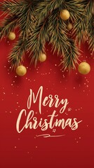 merry christmas elegant red backdrop with pine and gold baubles