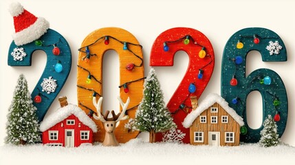 Winter Holiday 2026 Illustration with Snowman and Christmas Houses
