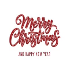 Merry christmas and happy new year holiday greeting card with red glittery text on white backgound 