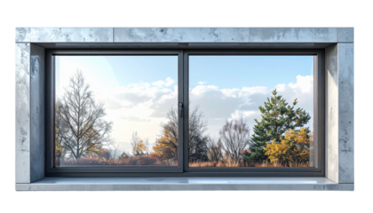 Modern window frame with double-glazed glass, aluminium borders, isolated on transparent background, photorealistic product-style rendering