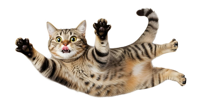 Funny striped tabby cat falling or flying in mid-air with paws outstretched for humorous design. isolated PNG with Transparent Background