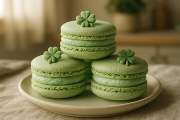 Elegant green macarons with clover decor on beige plate in soft natural light setting. st. patrick's day