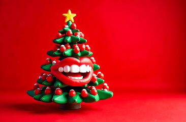 A Christmas tree decorated with a wide smile and snow-white teeth, set against a rich, bright red background. Concept for aesthetic dentistry and oral hygiene. Festive greeting card with copy space