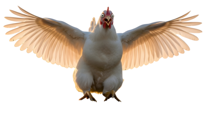 Dramatic aggressive white chicken with wings fully spread wide flying or taking flight isolated PNG with Transparent Background