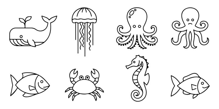 Minimalist line art outlines of sea creatures whale, octopus, fish, and crab for aquatic themes and children's projects, Isolated on Transparent Background