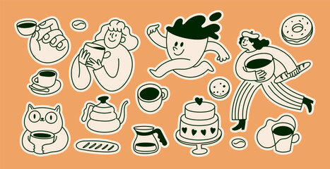 Vector set of stickers and badges, funny doodle sketchy icons and illustrations, coffee theme, barista, mascots, characters