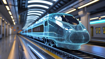 &ldquo;Futuristic high-speed train with digital wireframe at modern station &mdash; AI-generated&rdquo;