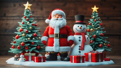 “Christmas scene with Santa Claus, snowman and gifts — AI-generated”