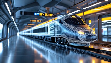 &ldquo;Futuristic high-speed train with digital wireframe at modern station &mdash; AI-generated&rdquo;