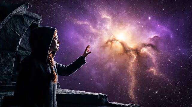 Woman reaches toward nebula galaxy from ancient stone ruins. Hooded woman touches cosmic nebula with stars. Figure reaches to galaxy from ruins. Woman and nebula under starry cosmic universe sky.