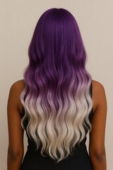 Fototapeta premium A back view of a person with long, wavy hair that has a beautiful purple and white ombre color transition.