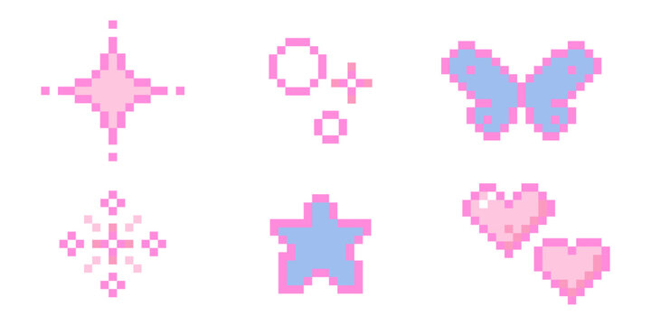 Cute pixel set elements, girly stars, bows, heart. Spring flowers and cherry y2k retro game 8 bit icons. Pixel collection.