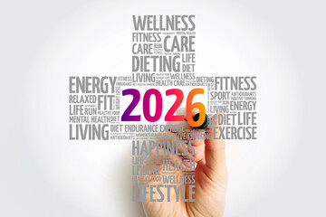 2026 wellness dieting fitness care living exercise energy lifestyle words forming a cross shape with a hand drawing the center number, highlighting health goals, motivation and positive living themes