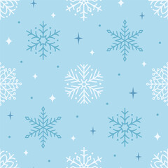 Seamless pattern with cute minimalist snowflakes. Gentle winter holiday design for Christmas, New Year. Perfect for banner, wallpaper, wrapping paper, background, card, poster. Vector illustration