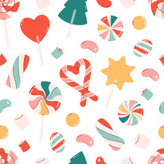 Seamless pattern with cute sweets and candies. Lollipops, marshmallows, candy canes, jelly beans. Perfect for banner, wallpaper, wrapping paper, background, card, poster. Vector illustration