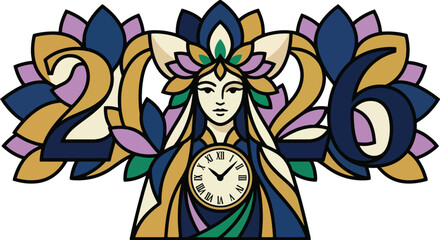 Chrono Bloom Guardian Mascot New Year 2026 Premium Vector Illustration