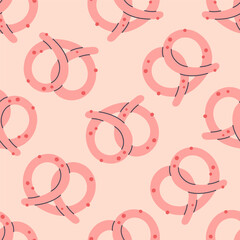 Seamless pattern with cute pink pretzel. Oktoberfest snack. Design for banner, wallpaper, wrapping paper, background, card, poster. Vector illustration in flat style