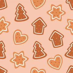 Seamless pattern with cute gingerbread cookies. Holiday pastry, cookies. Design for banner, wallpaper, wrapping paper, background, card, poster. Vector illustration in flat style