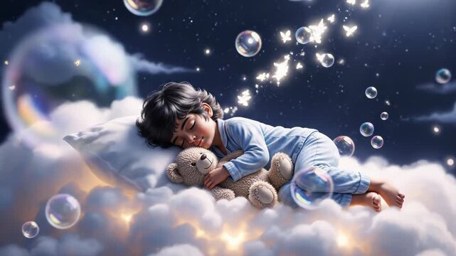 Child sleeping peacefully on cloud with teddy bear amongst floating bubbles and stars