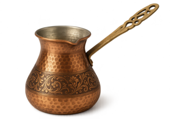 Ornate copper coffee pot with a transparent background, Turkish cezve