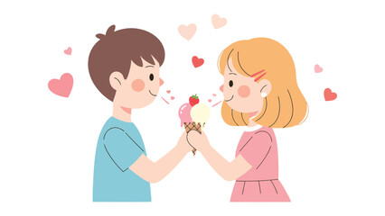 Sweet Moments Shared: A charming illustration depicts a couple joyfully sharing a delicious ice cream cone, their hearts filled with affection, surrounded by floating hearts. 