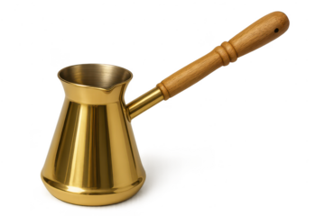 Golden cezve pot with handle on transparent background studio shot