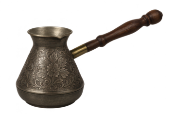 Ornate coffee pot with handle on transparent background design shoot.