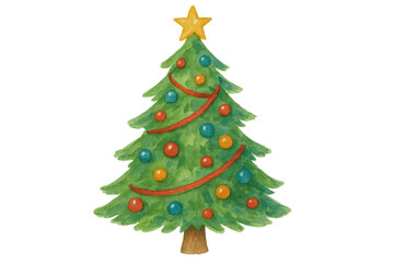 Christmas tree watercolor illustration with festive star and colorful ornaments. Traditional holiday season celebration element