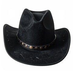 Black cowboy hat with decorative band, isolated
