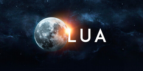 Full moon with bright sun flare and LUA text on dark starry sky background © MdMahadi