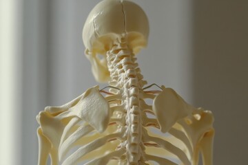 Detailed anatomical model of the human spine, cervical vertebrae, and thoracic rib cage with scapula, illustrating skeletal structure