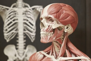 Detailed human anatomy illustration showcasing the muscular system overlaid on a skeletal structure
