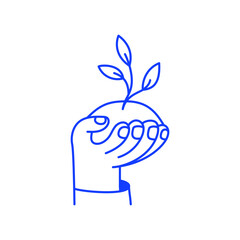 Vector simple linear illustration, hand holding plant, business growth concept