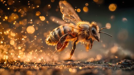 Flying honeybee glitters pollinating